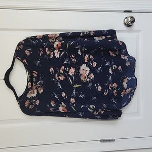 Navy Flowered Blouse with elastic sleeve ends - Fun 2 Fun